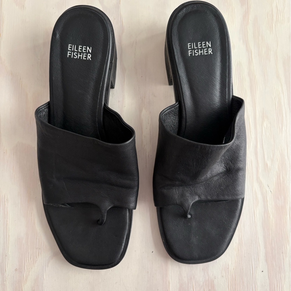 Eileen Fisher Airy Leather Slide Block Heel Sandal - Size 9.5